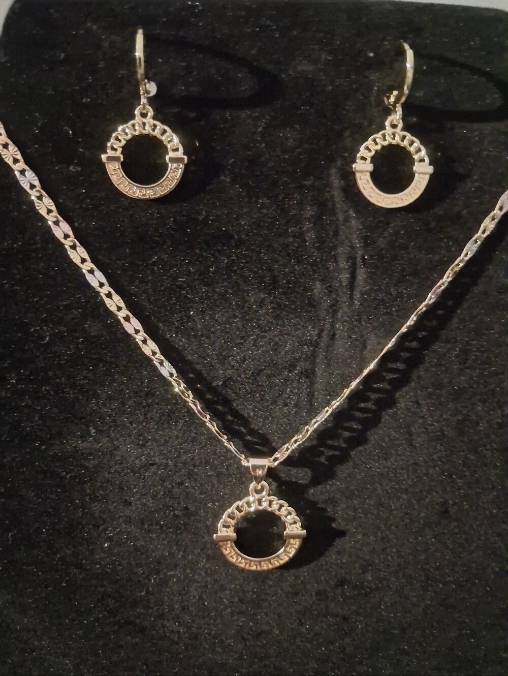 14K Gold Filled Greek Key Circle Pendant Necklace Earring Set New